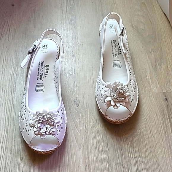 Spring Step Leather Peep-toe Wedge Sandals Belford White Size 9.5 or 10 - Picture 2 of 12